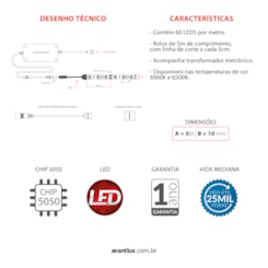 Fita De Led Interna 5m Ip20 Bivolt Avant 3000k 8w