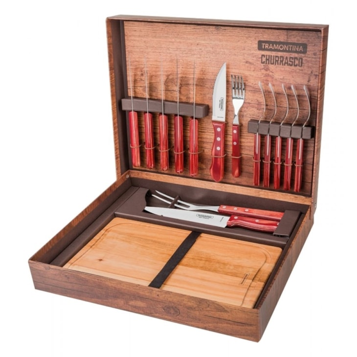 Jogo De Churrasco Em Inox Com 15 Peças Vermelho Tramontina Polywood 21198/970