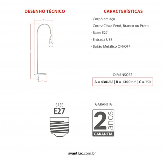 Luminária Coluna Aramis Preto Fosco Usb Avant 1xe27 - Imagem principal - 144a6b5b-45bb-452a-94fa-0c397a687ef2