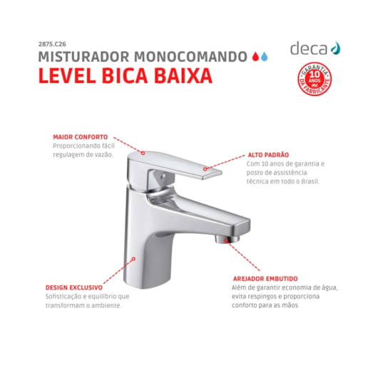 Misturador Monocomando Para Lavatório De Mesa Level Bica Baixa 2875 Cromado Deca - Imagem principal - 17194ade-4a27-4815-b7ba-9f35994bc020