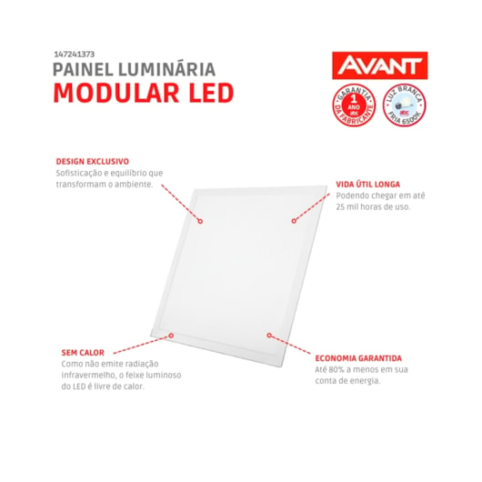 Painel Modular LED de Embutir 45W Quadrado Luz Branca 6500K Bivolt Avant 62,5cm  - Imagem principal - e1338d91-3bd9-4440-ae25-cbbd15a26107