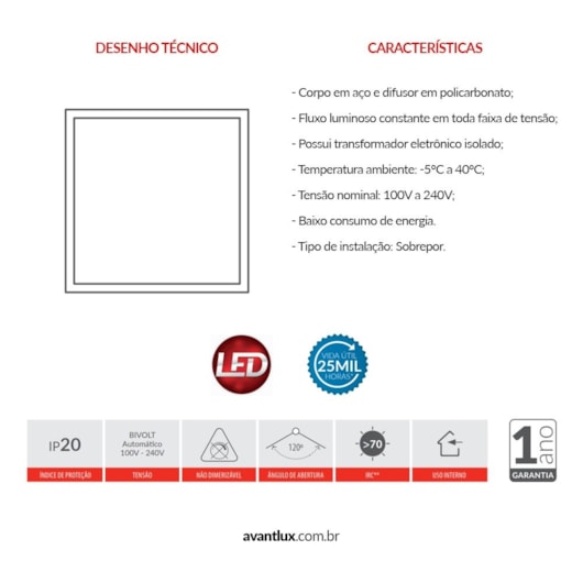 Painel Modular LED de Embutir 45W Quadrado Luz Branca 6500K Bivolt Avant 62,5cm  - Imagem principal - 828cae83-82a4-4be3-afb6-db30b53ac55c