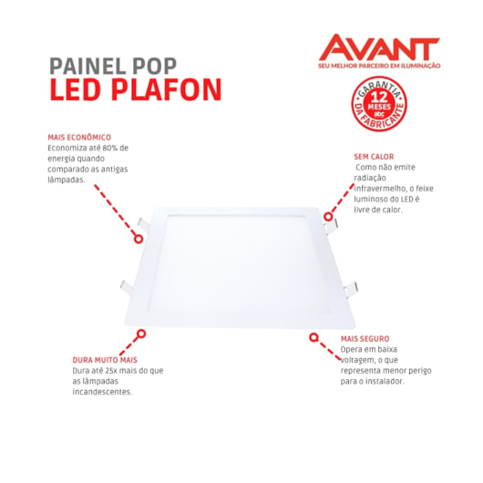 Painel Pop LED De Embutir Em Aluminio 24W Quadrado 30cm Luz Branca 6500K Bivolt Avant - Imagem principal - 62900115-28b6-495a-8eb6-03b03881b156