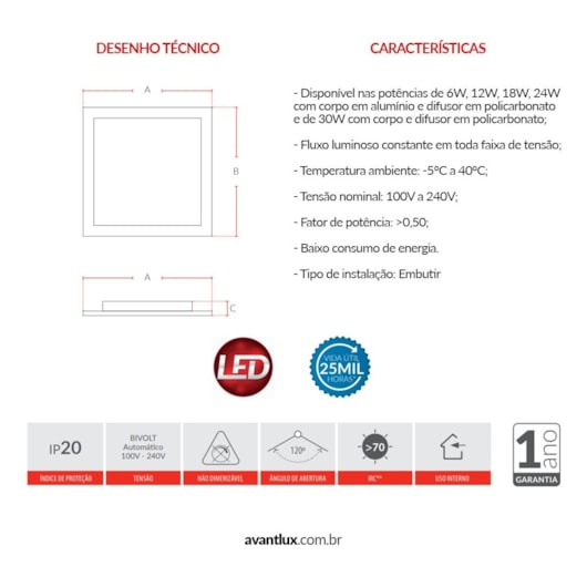 Painel Pop LED De Embutir Em Aluminio 24W Quadrado 30cm Luz Branca 6500K Bivolt Avant - Imagem principal - a0c8dff7-bd53-4d2a-ba85-f3e19c2d2a4e