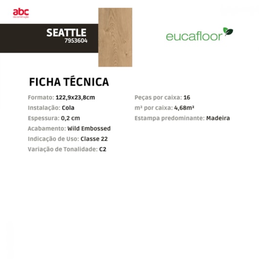 Piso Vinílico Eucafloor Basic Seatle 23,8x122,9cm LVT - Imagem principal - 9d55bb56-d017-4281-961a-e521d8efcf79