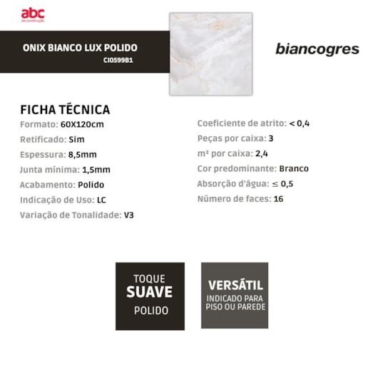 Porcelanato Biancogres Onix Bianco Lux Polido 60x120cm Retificado - Imagem principal - 3104b43c-2f78-4369-9592-bf294e9cb5d9