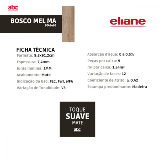 Porcelanato Eliane Bosco Mel Mate 19x90cm Retificado - Imagem principal - b8aa4e65-d189-49cc-b854-0be9844c7c39