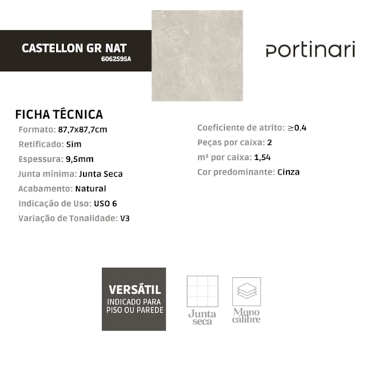 Porcelanato Portinari Castellon Gr Natural A 87,7x87,7cm Retificado - Imagem principal - 6ad75d2d-f1f9-4646-872e-47fa811af751