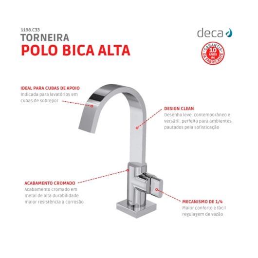 Torneira De Mesa Para Lavatório Polo Bica Alta 1198 Cromada Deca - Imagem principal - 3daff16f-09d4-4dd6-88ef-a311da5bda99