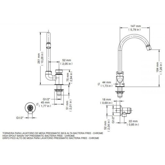 Torneira Para Lavatório De Mesa Bactéria Free Pressmatic Bica Alta Cromada Docol - Imagem principal - bc2234f4-6c53-4844-bfa4-3ef14a758c9e