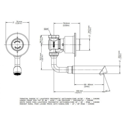 Torneira Para Lavatório De Parede Alta E Baixa Pressão- 85mm Automatica Temporizada  Pressmatic Antivandalismo Cromada Docol - Imagem principal - 45e2f380-59ec-466b-b4ff-ba61a8eae8e1