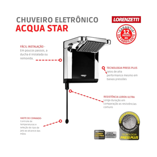 Chuveiro Eletrônico Acqua Star Ultra 127v 5500w Preto/cromado Lorenzetti - Imagem principal - 5e1ef106-77da-448c-8f3e-8d4c44dac11e