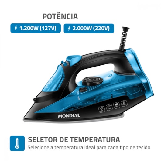 Ferro A Vapor F53 Preto E Azul Mondial 127V 1200W - Imagem principal - 8e2d537e-15b2-49ce-a340-c8ad12b5ca25