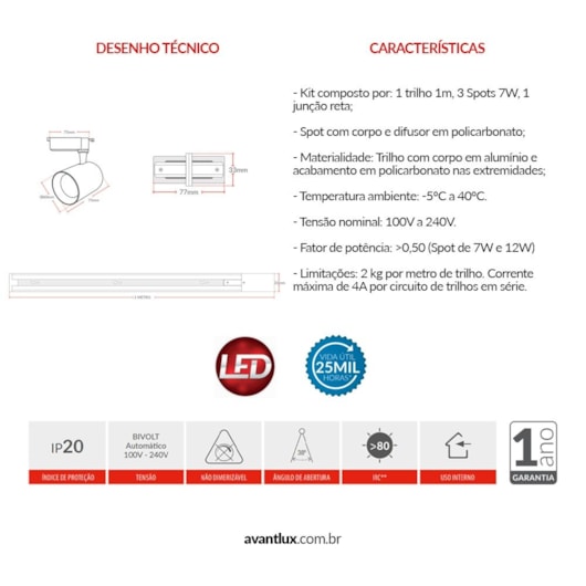 Kit Trilho Elegance Branco Fosco 3 Spots De 7w 6500k Emissão De Luz Branca Avant - Imagem principal - 119bab64-eac3-4aeb-82a9-23c528e826bc