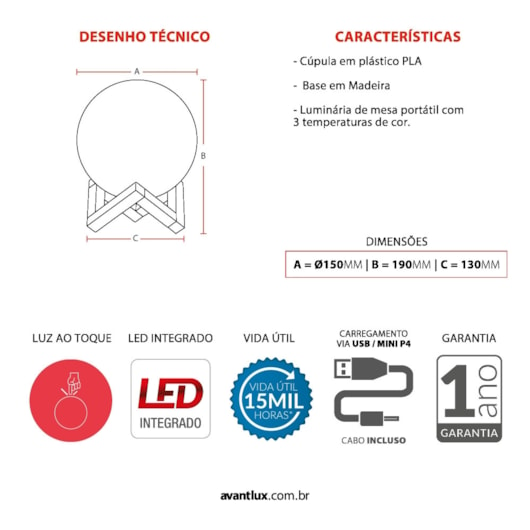 Luminária De Mesa Luna Bivolt Avant 1,5w - Imagem principal - f59eb7cc-3ae6-4d10-894e-668b82a33c0a