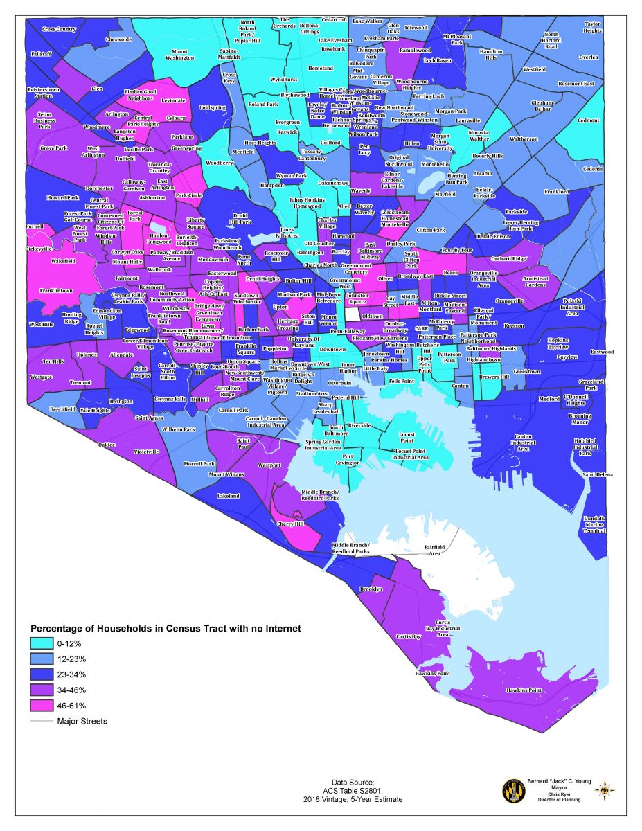 Map of Baltimore City color-coded by lack of internet access.