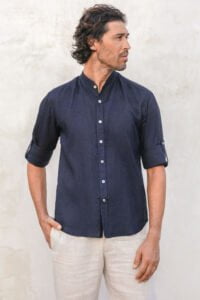 Men mandarin colar roll-up linen shirt