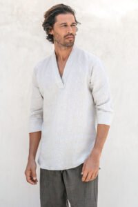 Men linen shirt crossover vneck