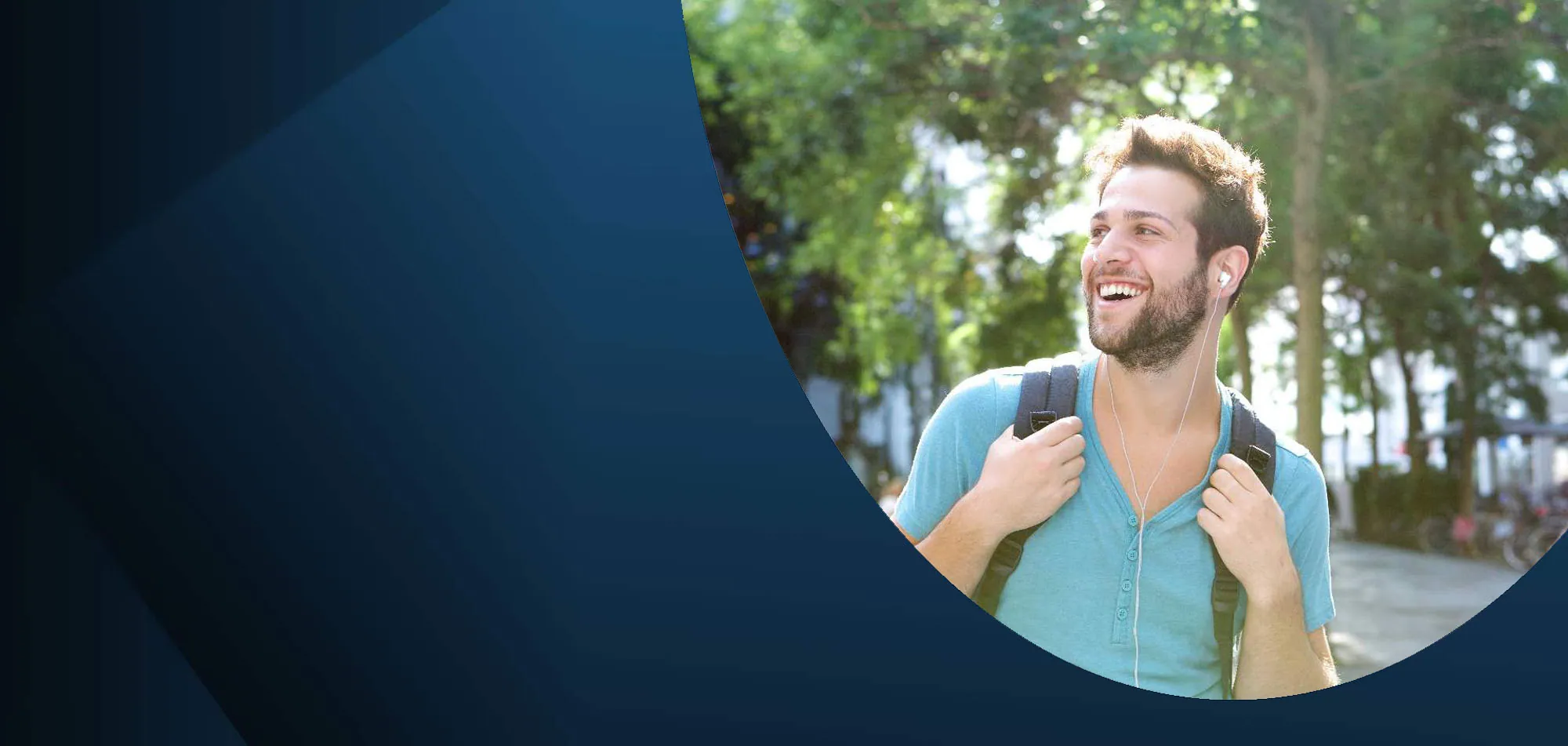 smiling man hearing song with earplugs