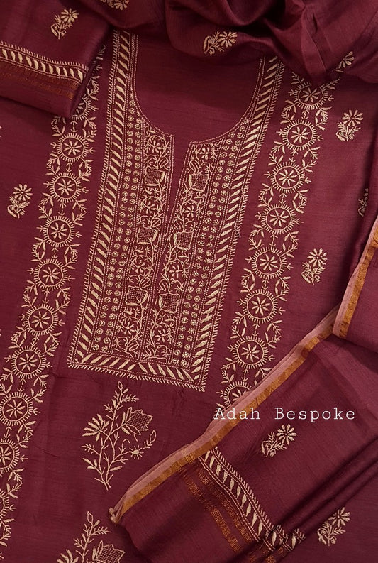 Chikankari Moonga Silk Set ( Do Taar )