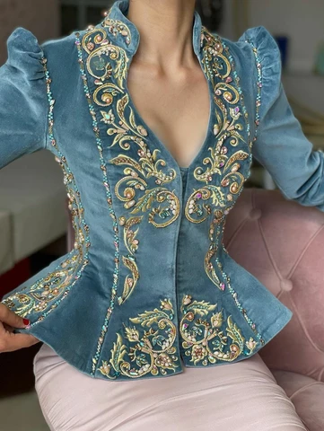 Elegant Chic Women Tops Floral Embroidered Deep V Neck Slim Waist Peplum Long Sleeve Design Asymmetric Vintage Velvet Blouse