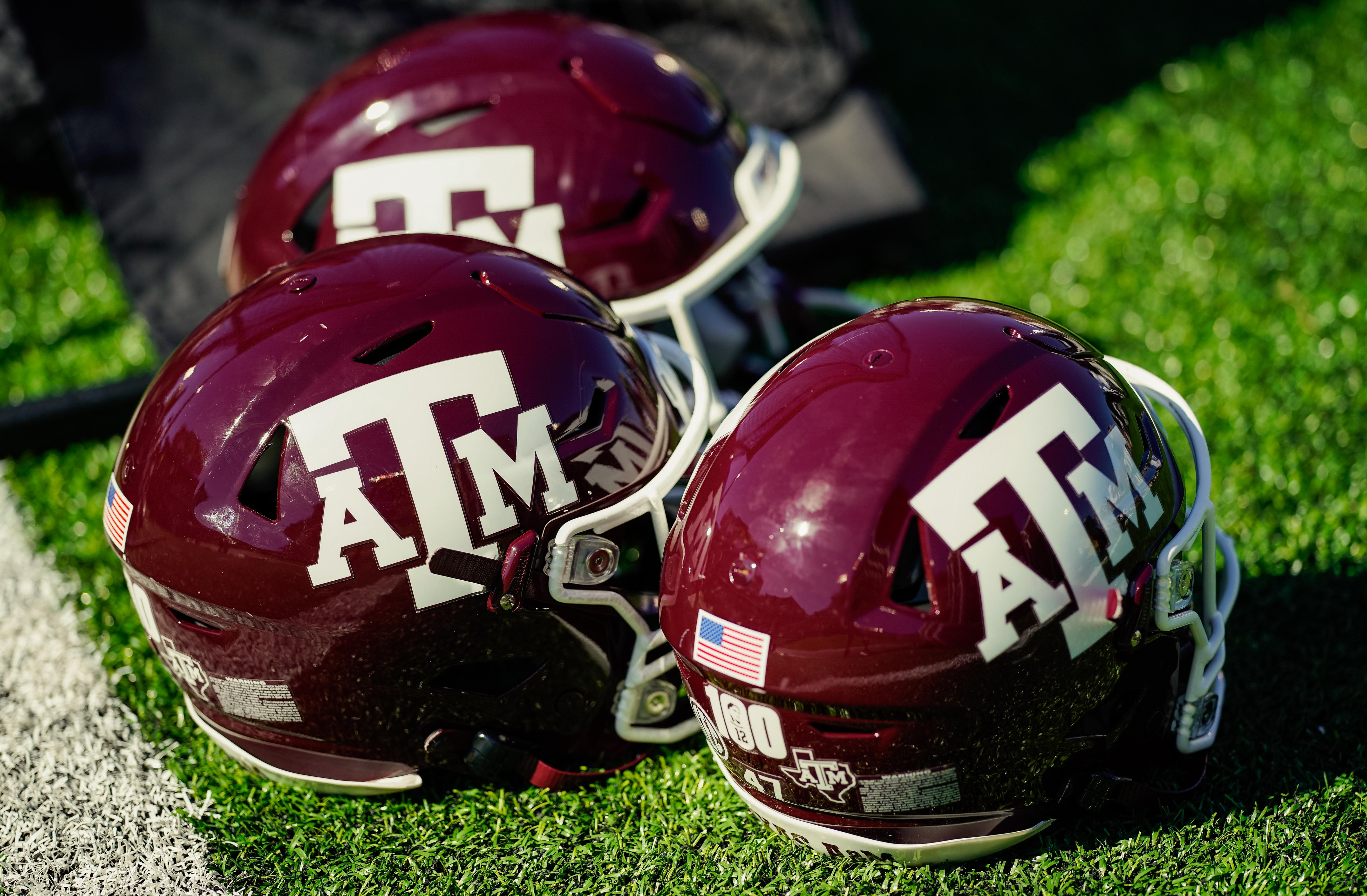 Oct 16, 2021; Columbia, Missouri; A detailed view of Texas A&M Aggies helmets during the second half against the Missouri Tigers at Faurot Field at Memorial Stadium. Jay Biggerstaff-USA TODAY Sports