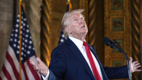 Republican presidential nominee former President Donald Trump talks about the size of the room as he speaks to reporters during a news conference at his Mar-a-Lago estate Thursday, Aug. 8, 2024, in Palm Beach, Fla.