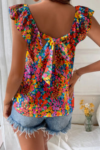 Floral Print Cap Sleeve Square Neck Back Knot Blouse