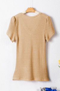 V Neck Petal Sleeve Waffle Knit T-Shirt