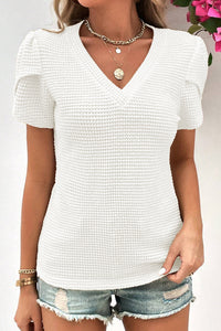 V Neck Petal Sleeve Waffle Knit T-Shirt