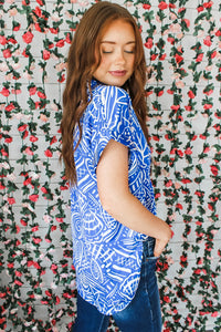 Blue Abstract Print Short Sleeve Casual Shirt