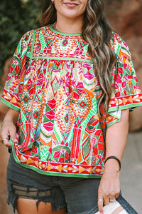 Fashion Printed Wide Sleeve Plus Size Blouse