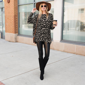 Leopard Long Sleeve Hi Low Side Slit Top