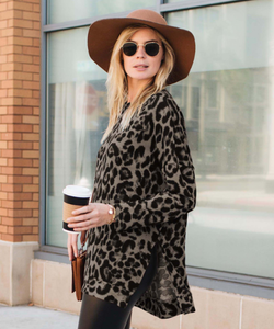 Leopard Long Sleeve Hi Low Side Slit Top