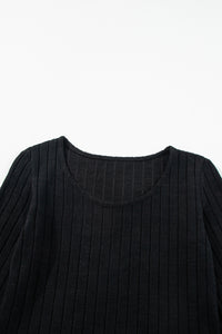 Black Ribbed Bishop Sleeve Round Neck Top