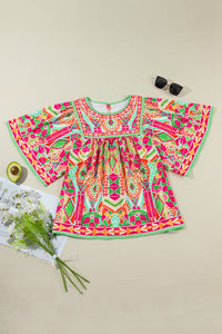 Fashion Printed Wide Sleeve Plus Size Blouse