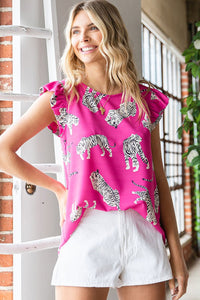 Tiger Pattern Flutter Sleeve Crew Neck Blouse