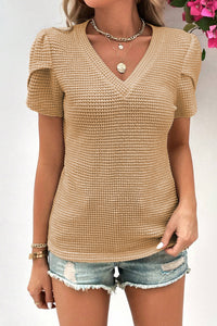 V Neck Petal Sleeve Waffle Knit T-Shirt