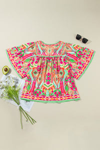 Fashion Printed Wide Sleeve Plus Size Blouse