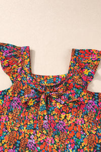 Floral Print Cap Sleeve Square Neck Back Knot Blouse