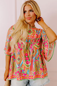 Fashion Printed Wide Sleeve Plus Size Blouse