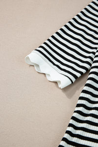 Striped Contrast Scallop Trim Half Sleeve T-shirt