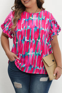 Rose Plus Size Abstract Print Ruffled Petal Sleeve Blouse