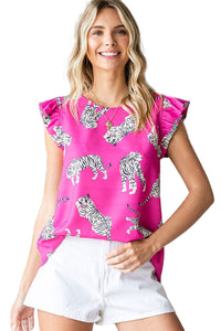 Tiger Pattern Flutter Sleeve Crew Neck Blouse