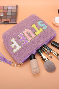 Sparkle Letter Pattern Tassel Zipper Makeup Bag