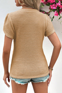 V Neck Petal Sleeve Waffle Knit T-Shirt