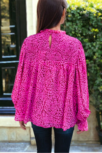 Leopard Shirred Puff Sleeve Flowy Blouse