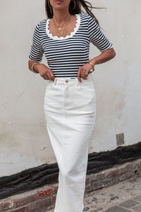 Striped Contrast Scallop Trim Half Sleeve T-shirt