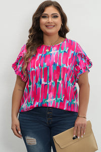 Rose Plus Size Abstract Print Ruffled Petal Sleeve Blouse