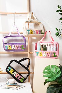 TRAVEL Chenille Letter Clear PVC Makeup Bag